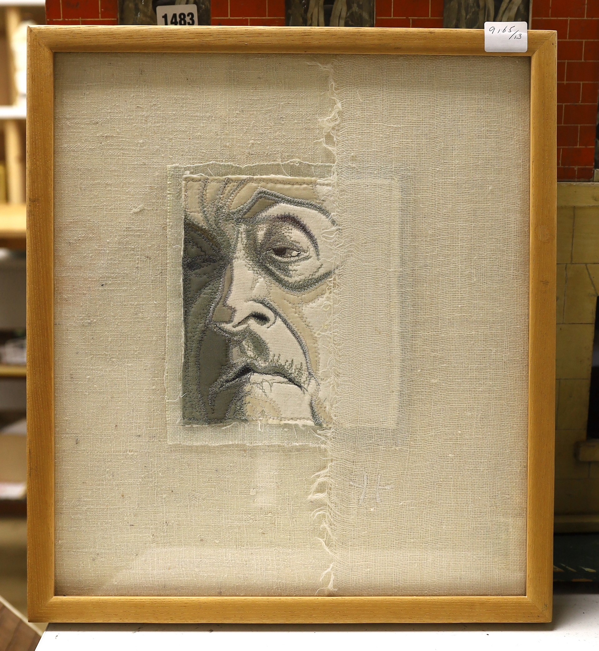 Deirdre Scherer (American), embroidery, morbid portrait, 1994 entitled Part One, 20cms high x 18cms wide